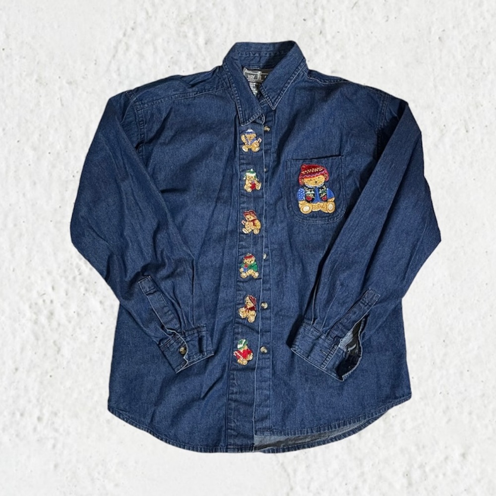 Womens Large Christmas Denim Shirt Relaxed Cotton LS Button Front Teddy Bears